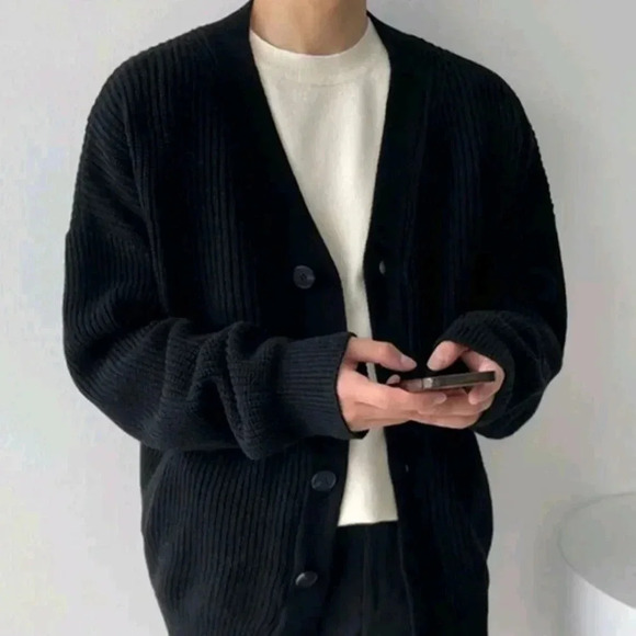 Black Mens Drop Shoulder Cardigan - Picture 5 of 5